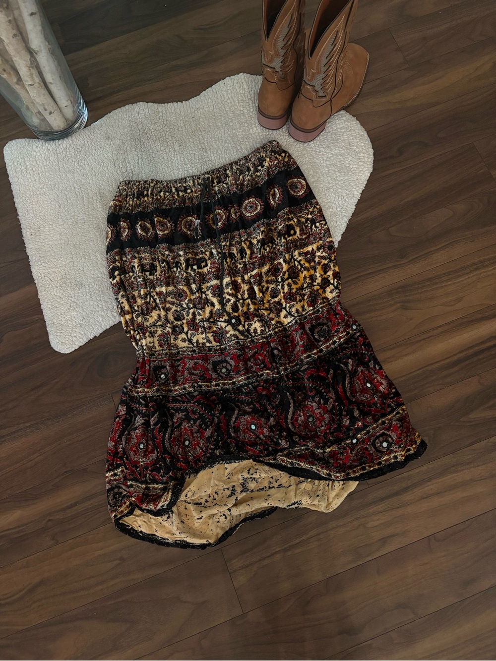 🐘BOHO VELVET PATCHWORK ELEPHANT MID SKIRT